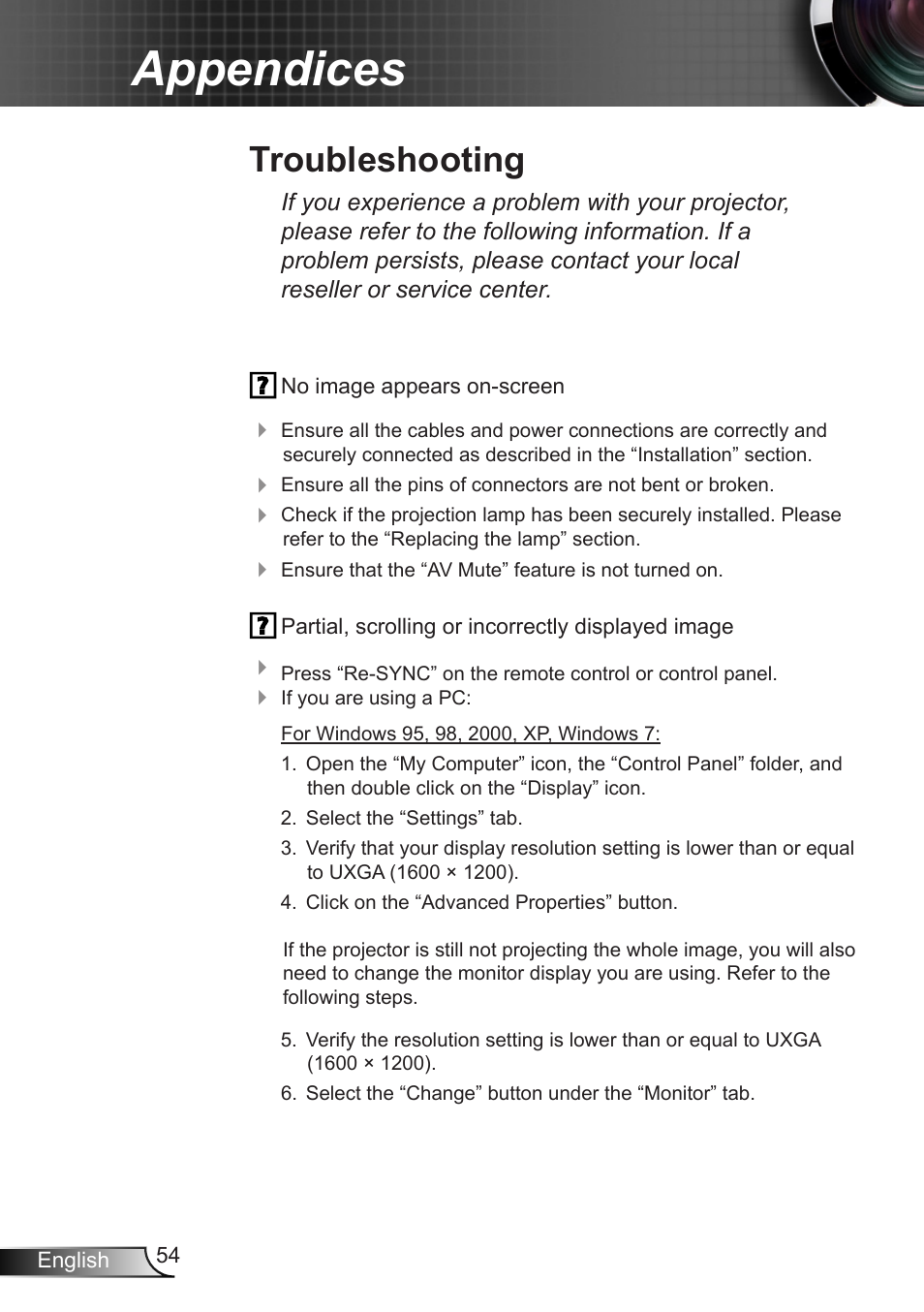 Appendices, Troubleshooting | Optoma W350 User Manual | Page 54 / 74