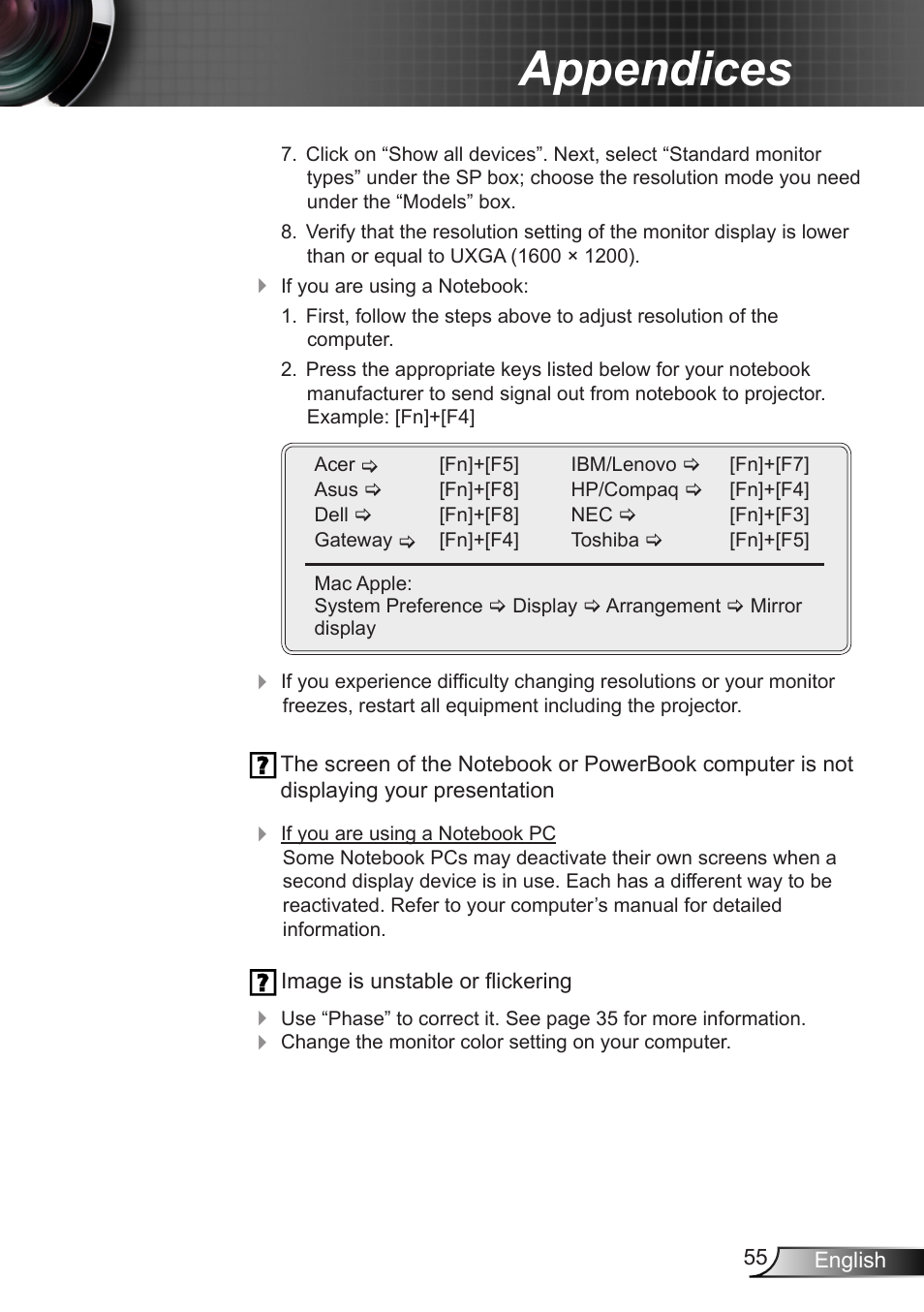 Appendices | Optoma W350 User Manual | Page 55 / 74