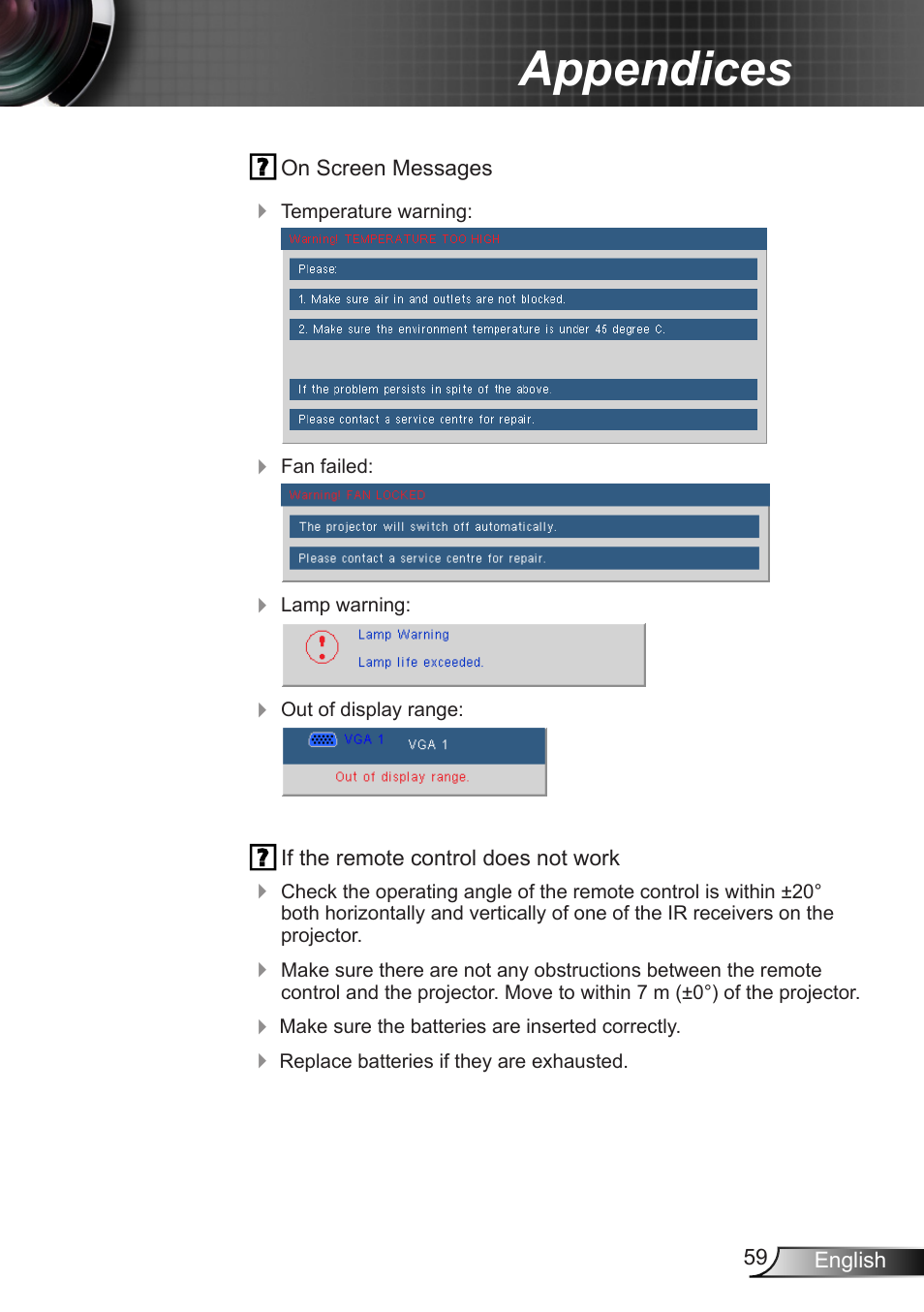 Appendices | Optoma W350 User Manual | Page 59 / 74