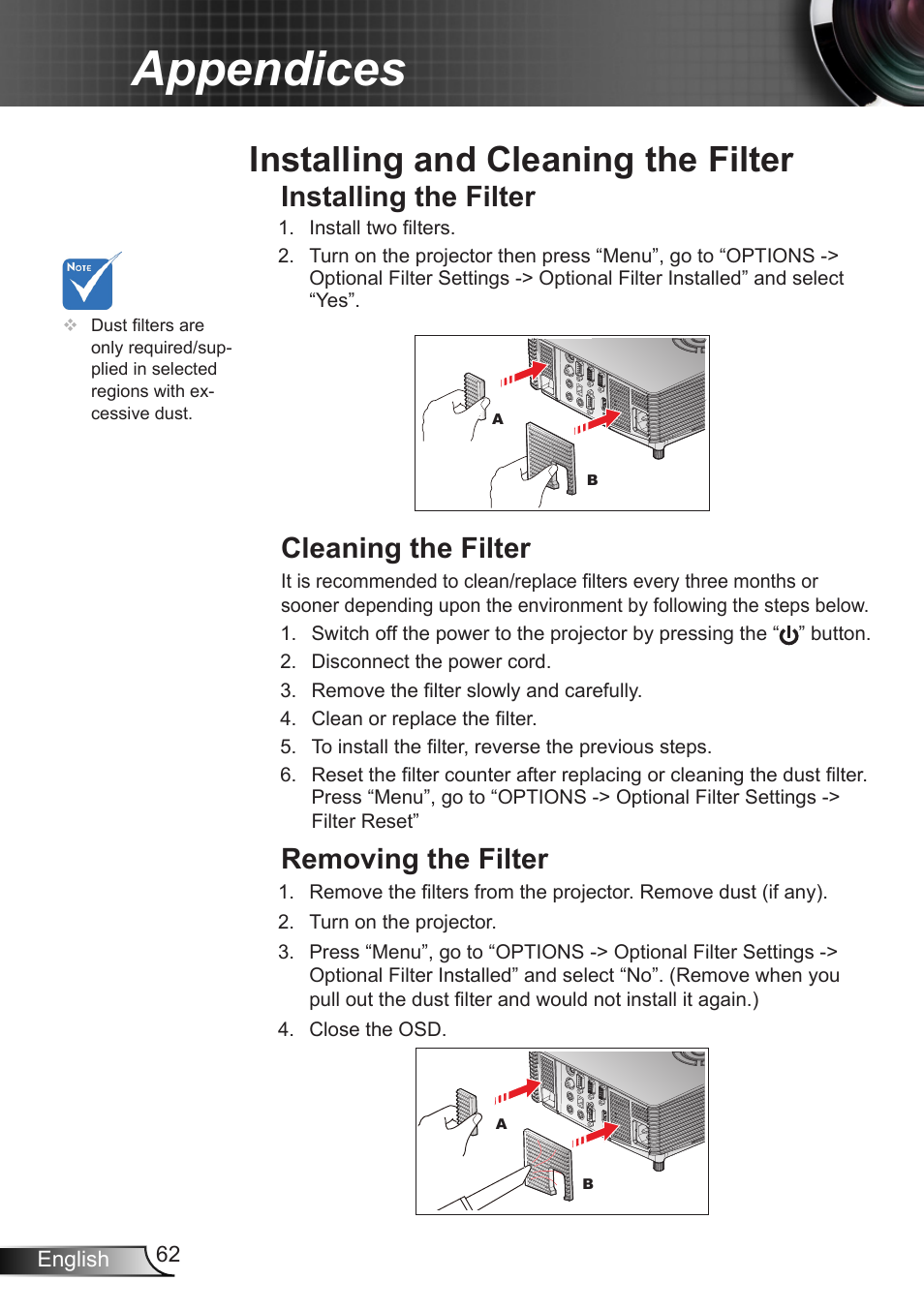 Installing and cleaning the filter, Appendices, Installing the filter | Cleaning the filter, Removing the filter | Optoma W350 User Manual | Page 62 / 74