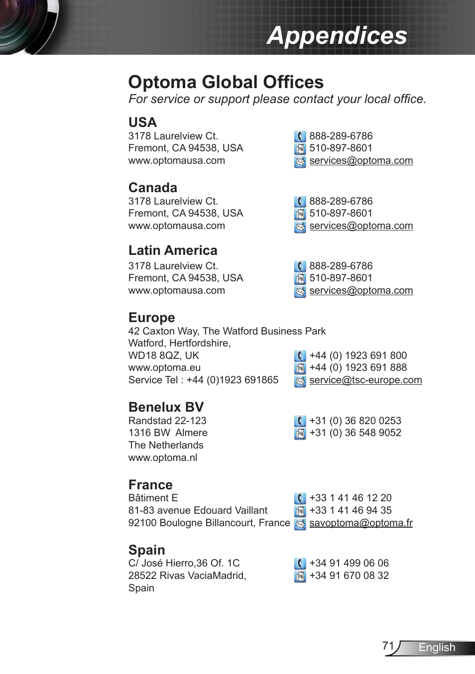 Optoma global offices, Appendices, Canada | Latin america, Europe, Benelux bv, France, Spain | Optoma W350 User Manual | Page 71 / 74