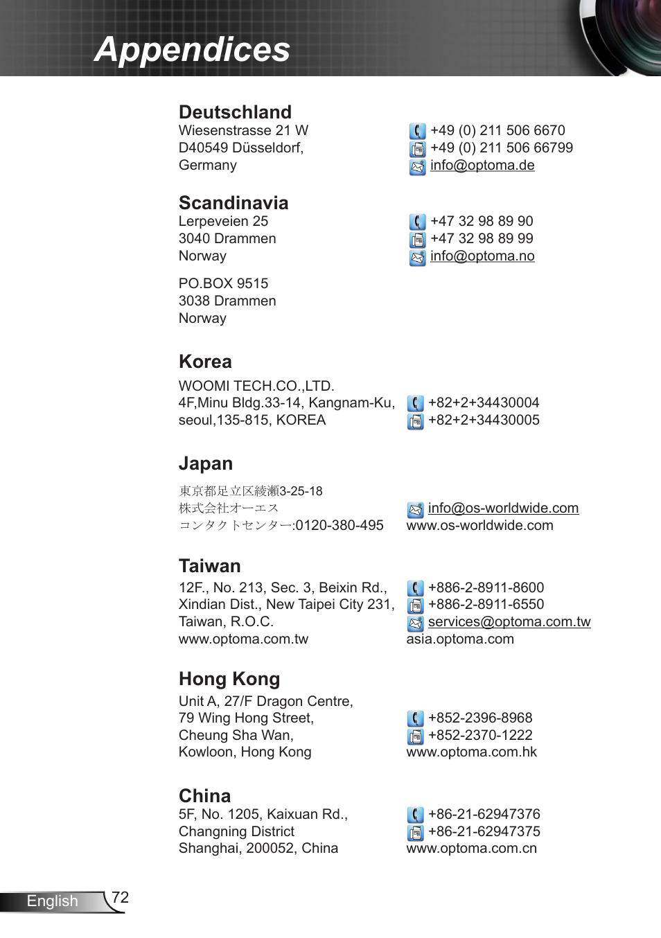 Appendices, Deutschland, Scandinavia | Korea, Japan, Taiwan, Hong kong, China | Optoma W350 User Manual | Page 72 / 74