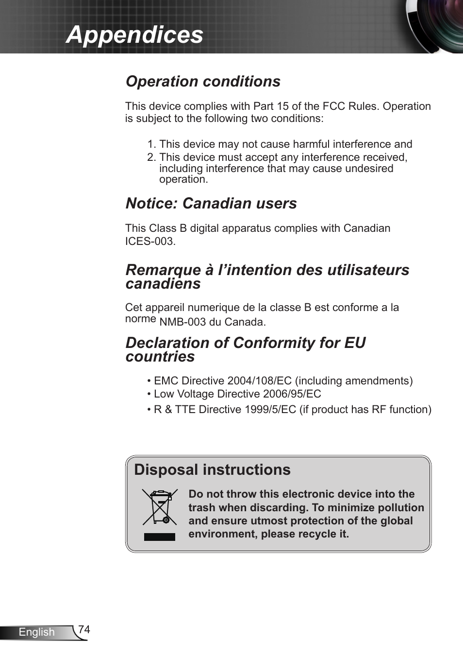 Appendices, Disposal instructions, Operation conditions | Notice: canadian users, Remarque à l’intention des utilisateurs canadiens, Declaration of conformity for eu countries | Optoma W350 User Manual | Page 74 / 74