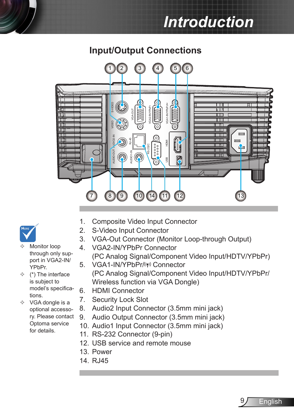 Input/output connections, Introduction | Optoma W350 User Manual | Page 9 / 74