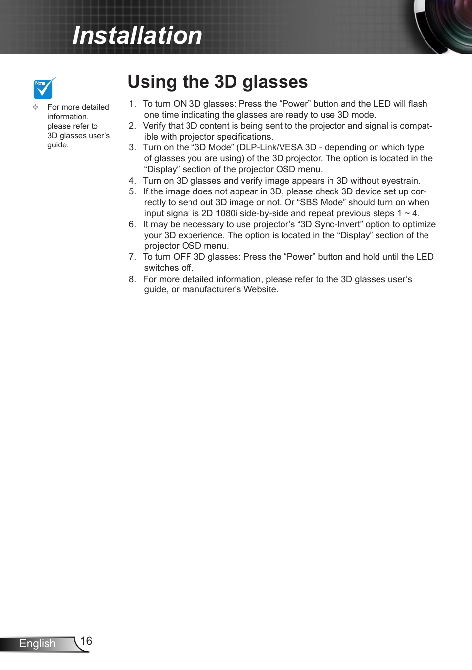 Using the 3d glasses, Installation, 16 english | Optoma W401 User Manual | Page 16 / 79