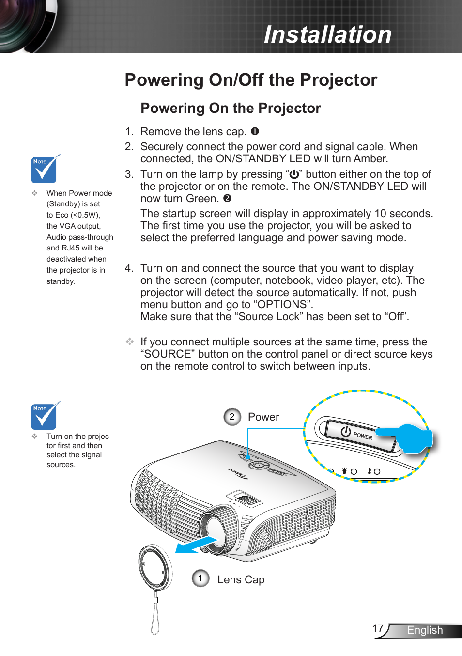 Powering on/off the projector, Powering on the projector, Installation | Optoma W401 User Manual | Page 17 / 79