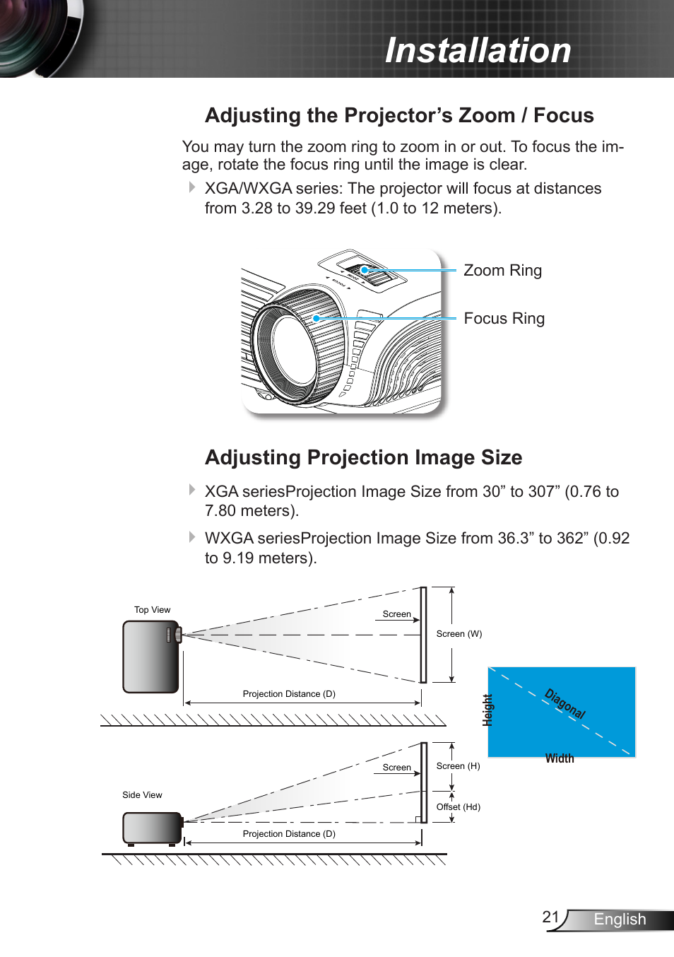 Adjusting the projector’s zoom / focus, Adjusting projection image size, Adjusting the projector’s zoom | Focus adjusting projection image size, Installation | Optoma W401 User Manual | Page 21 / 79