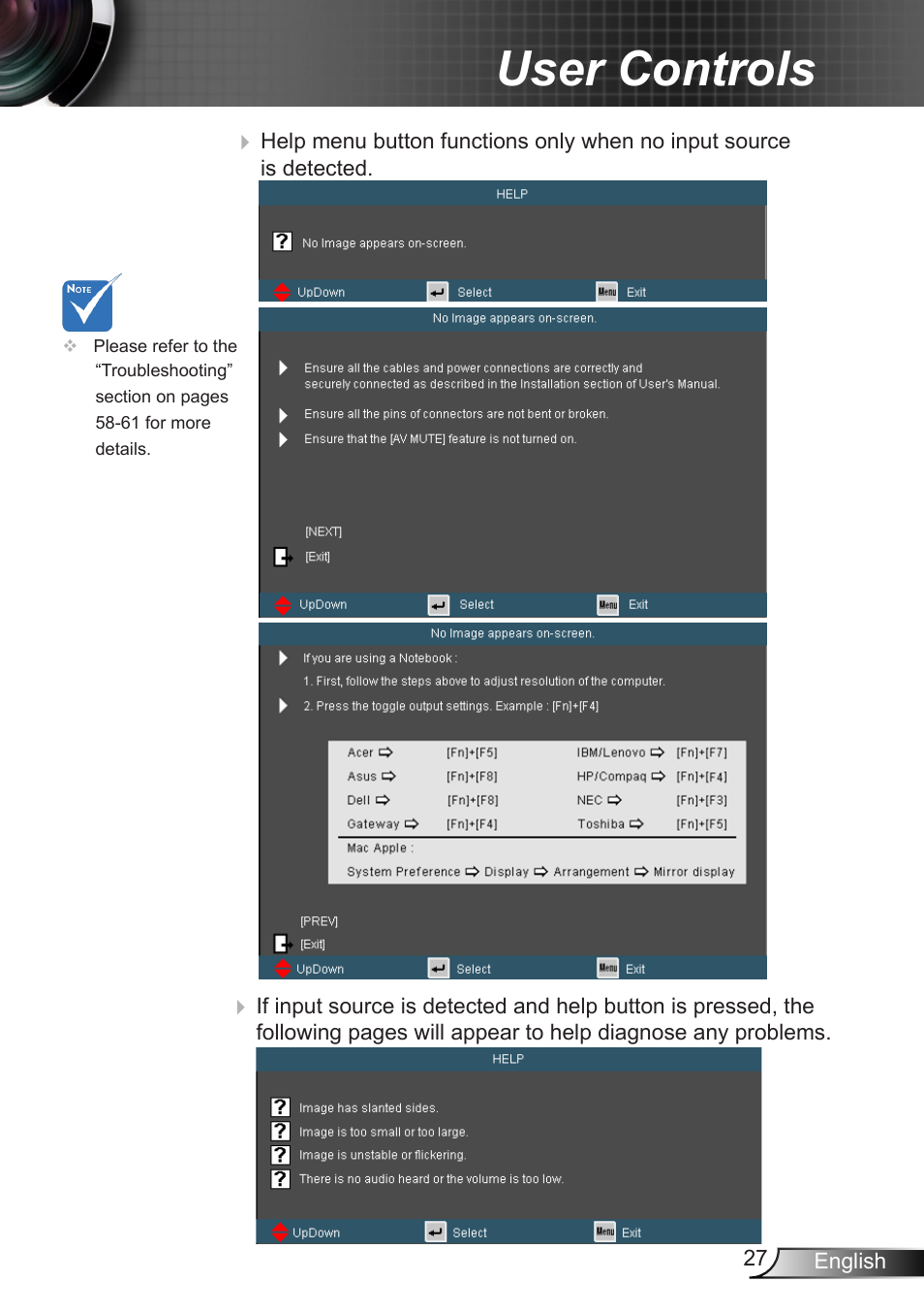 User controls | Optoma W401 User Manual | Page 27 / 79