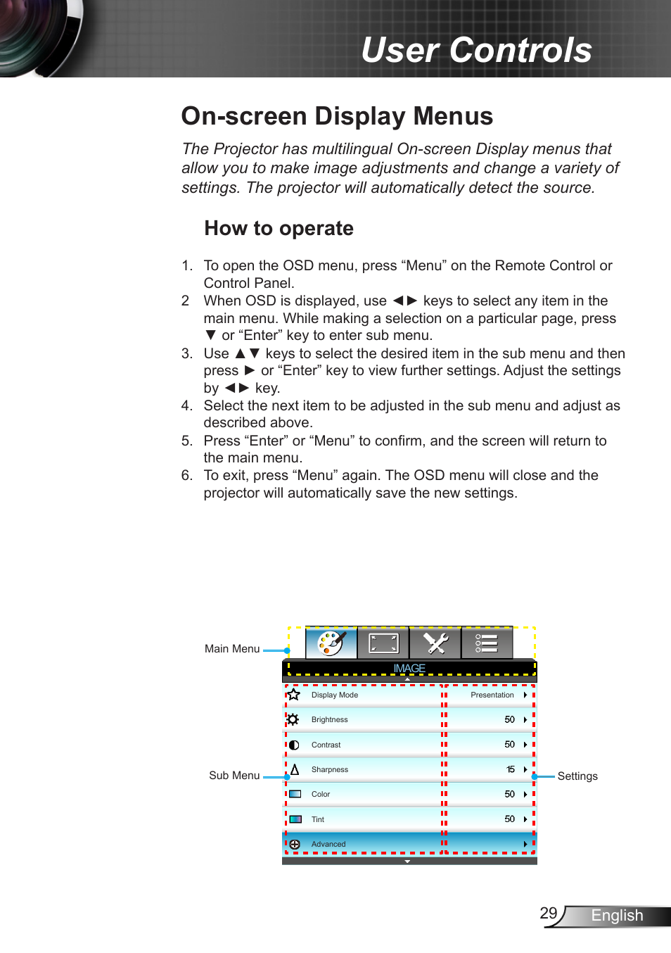 On-screen display menus, How to operate, User controls | Optoma W401 User Manual | Page 29 / 79