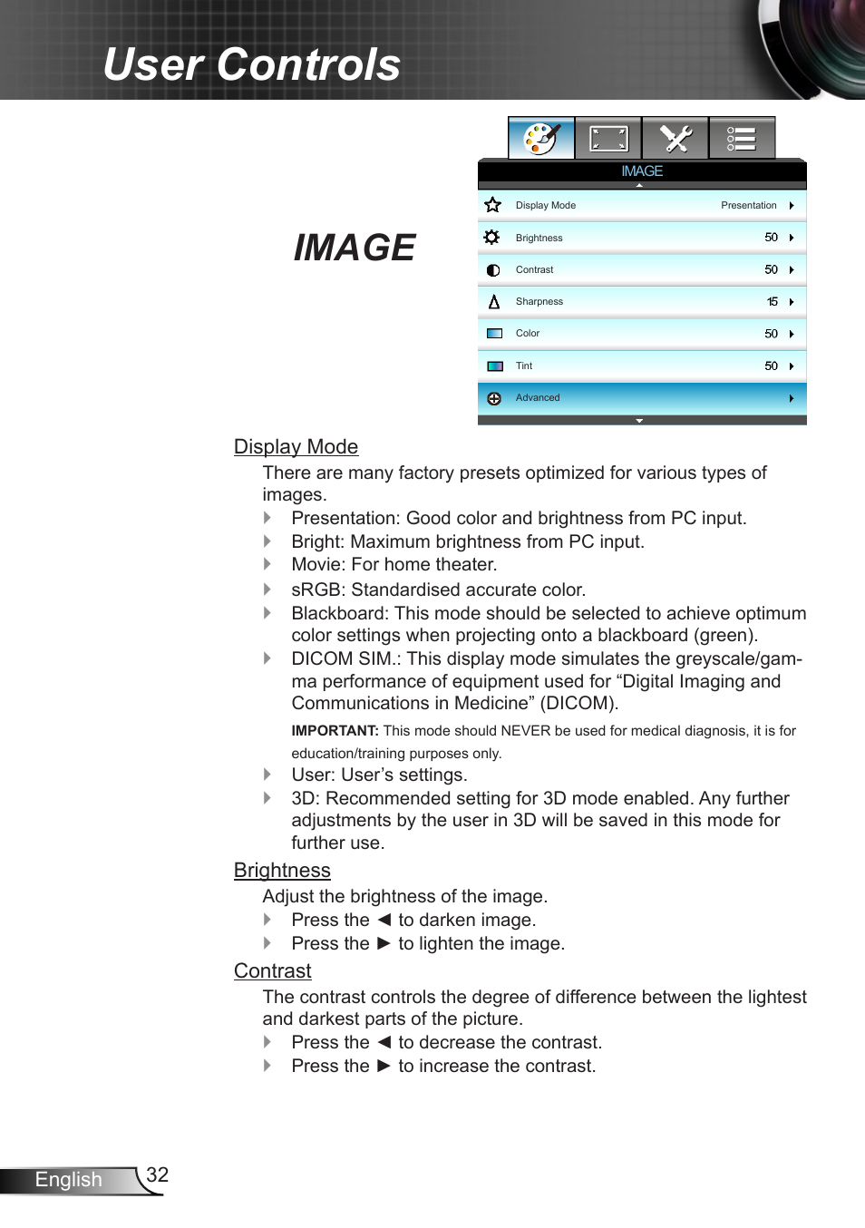 Image, User controls | Optoma W401 User Manual | Page 32 / 79