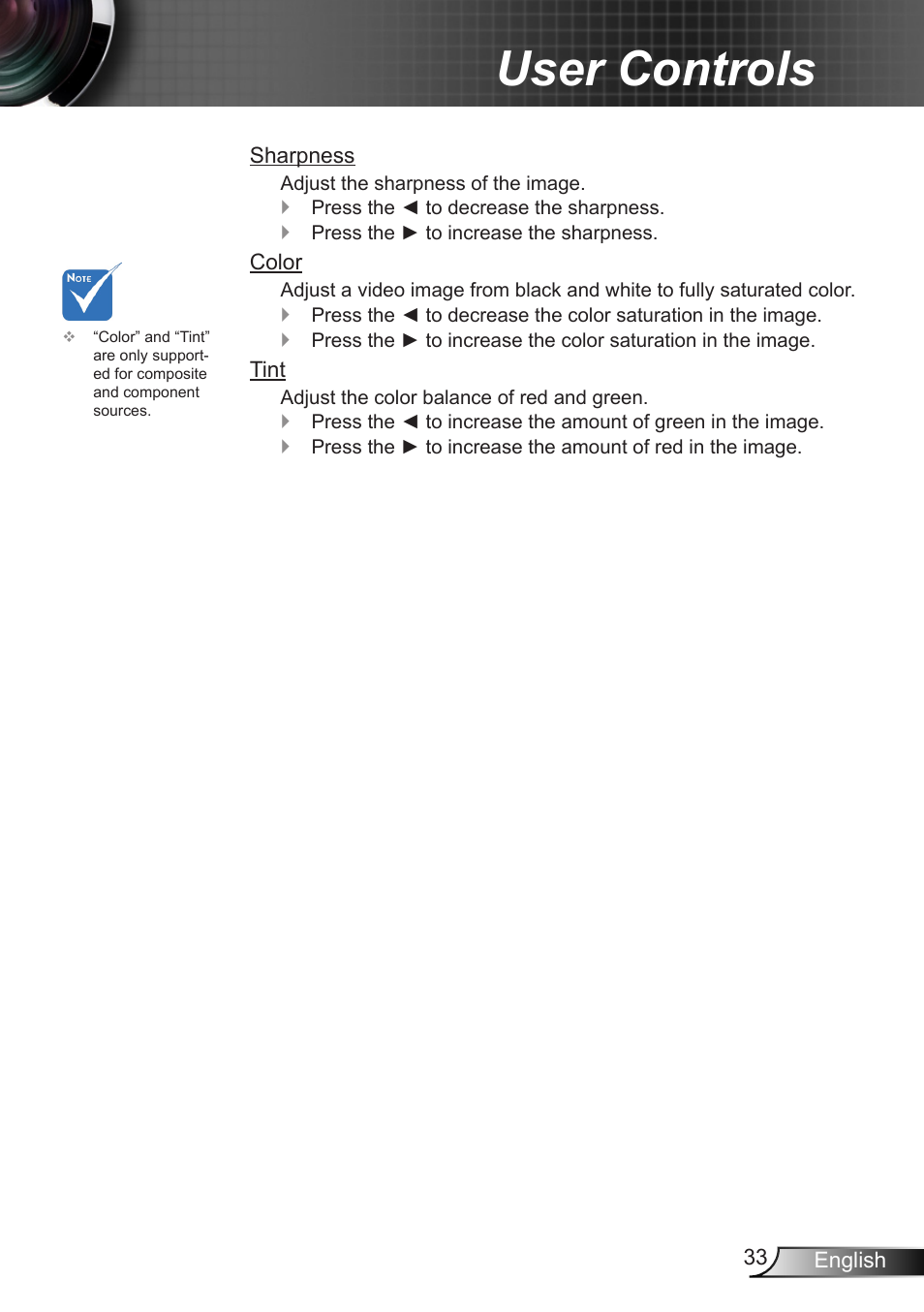 User controls | Optoma W401 User Manual | Page 33 / 79