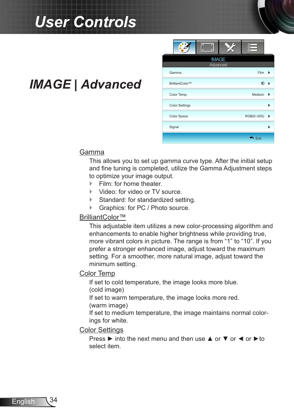 Image | advanced, User controls | Optoma W401 User Manual | Page 34 / 79