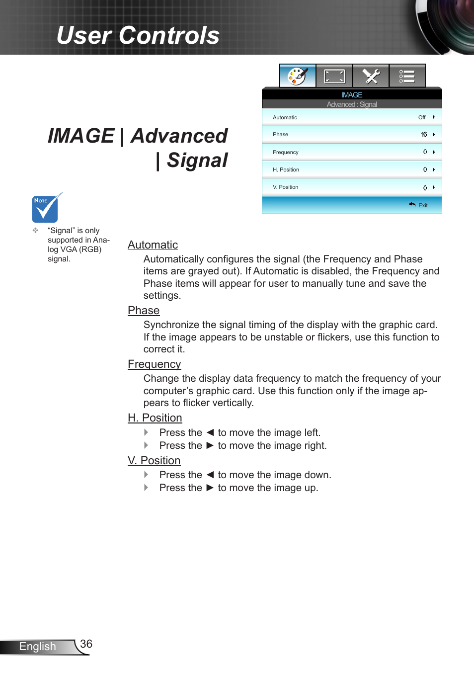 Image | advanced | signal, User controls | Optoma W401 User Manual | Page 36 / 79