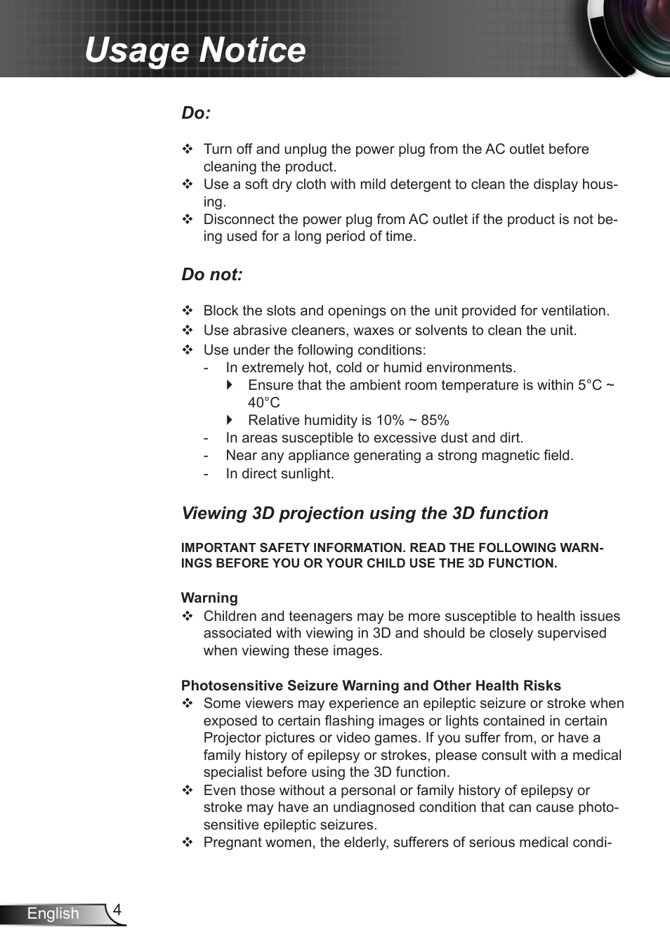 Usage notice | Optoma W401 User Manual | Page 4 / 79