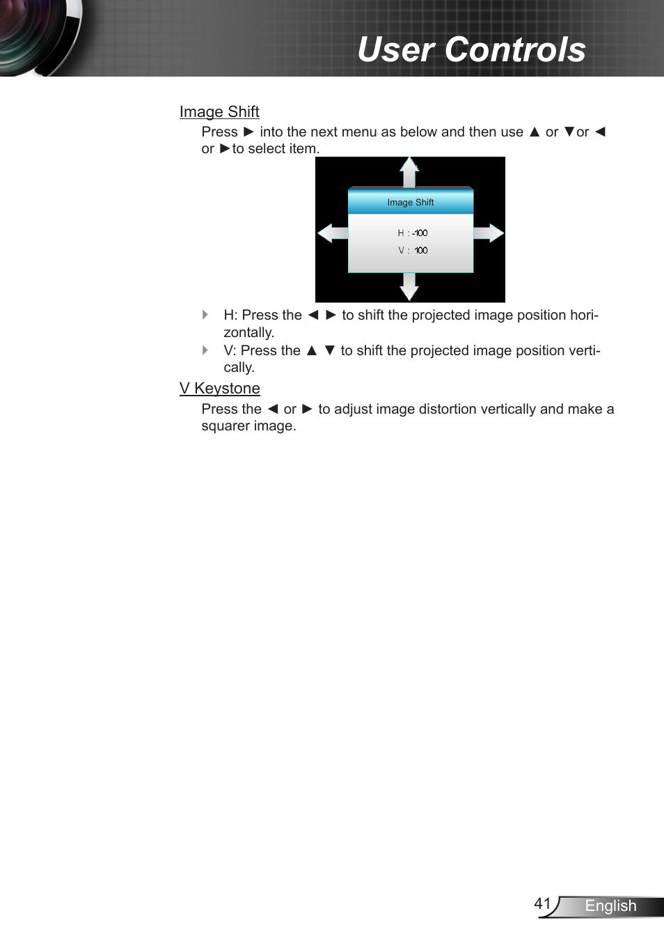 User controls | Optoma W401 User Manual | Page 41 / 79