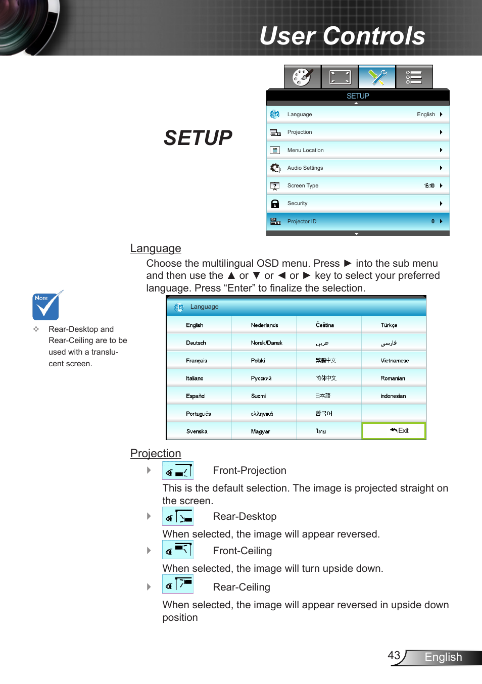 Setup, User controls | Optoma W401 User Manual | Page 43 / 79