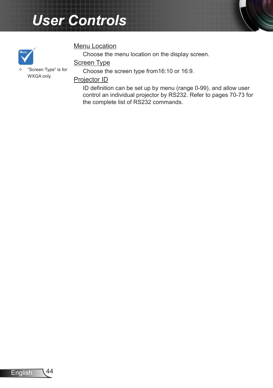 User controls | Optoma W401 User Manual | Page 44 / 79