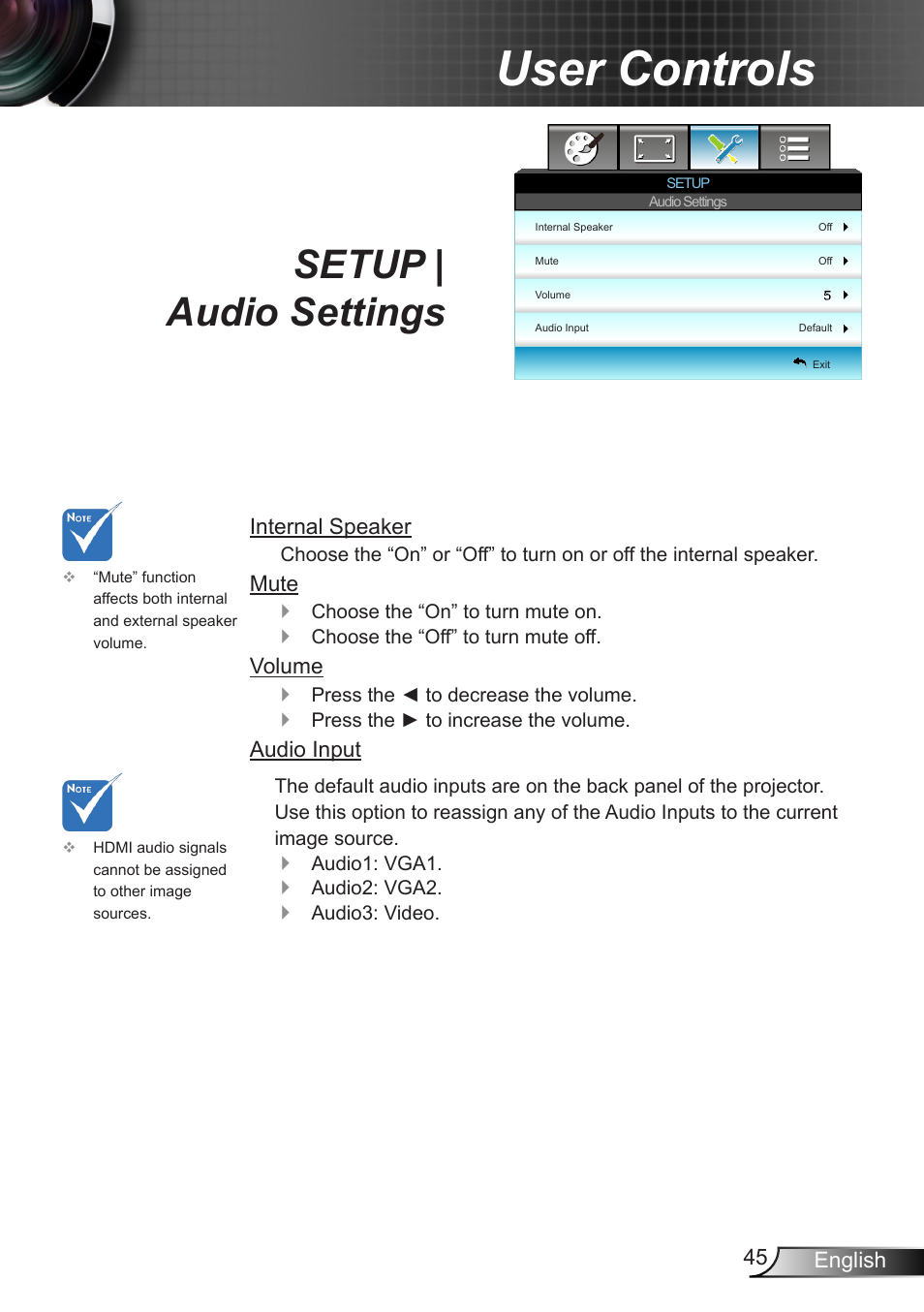 Setup | audio settings, User controls | Optoma W401 User Manual | Page 45 / 79