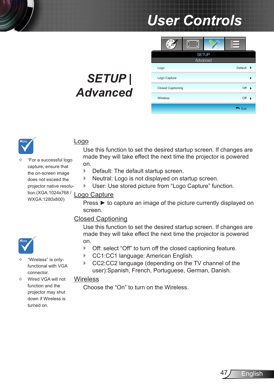 Setup | advanced, User controls | Optoma W401 User Manual | Page 47 / 79