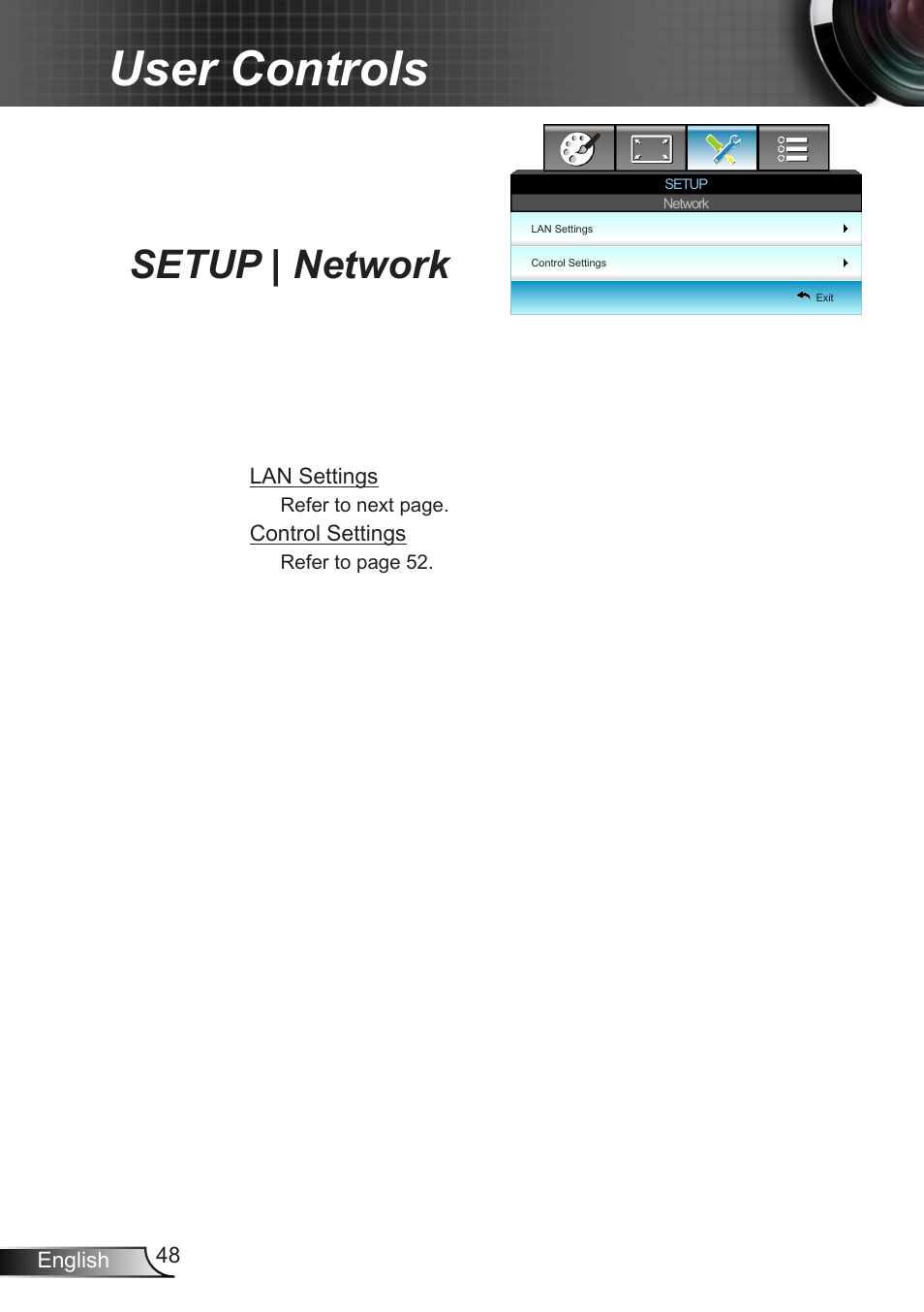 Setup | network, User controls | Optoma W401 User Manual | Page 48 / 79