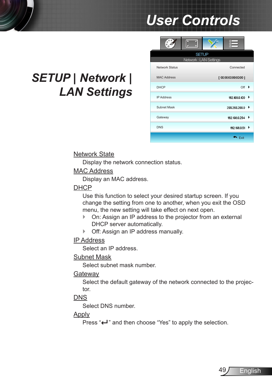 Setup | network | lan settings, User controls | Optoma W401 User Manual | Page 49 / 79