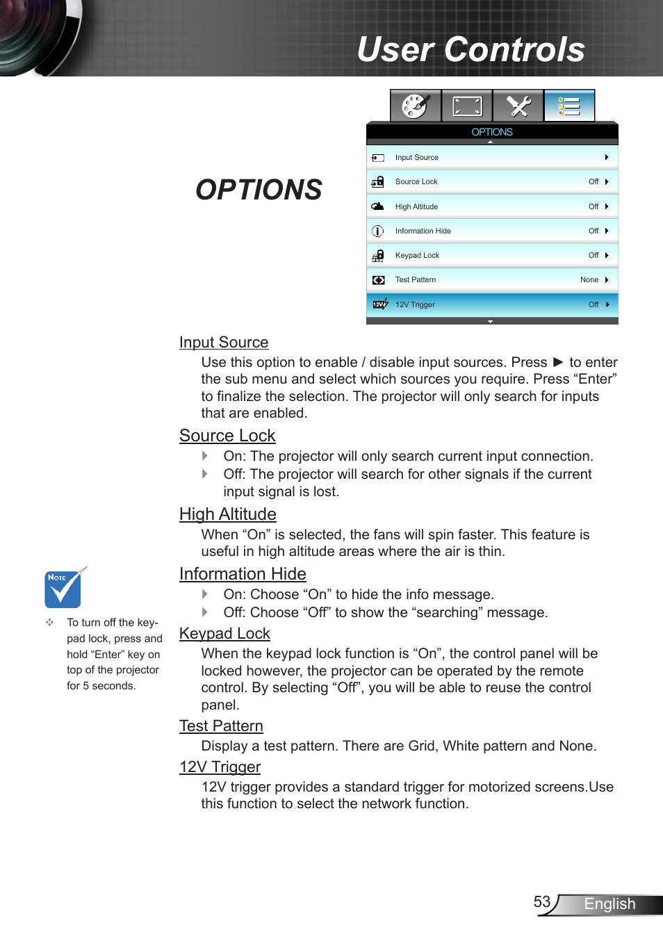 Options, User controls, Source lock | High altitude, Information hide, 53 english, Input source, Keypad lock, Test pattern, 12v trigger | Optoma W401 User Manual | Page 53 / 79