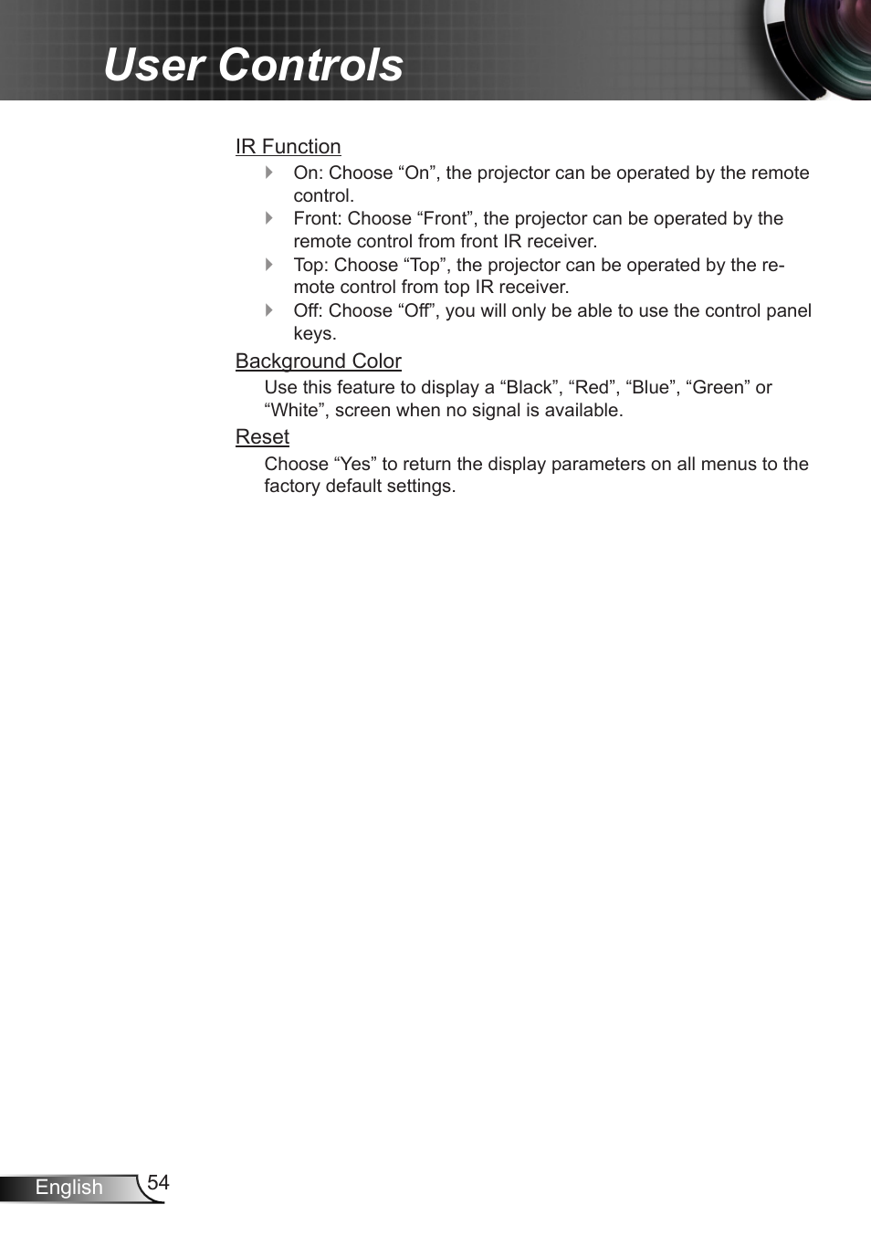 User controls | Optoma W401 User Manual | Page 54 / 79