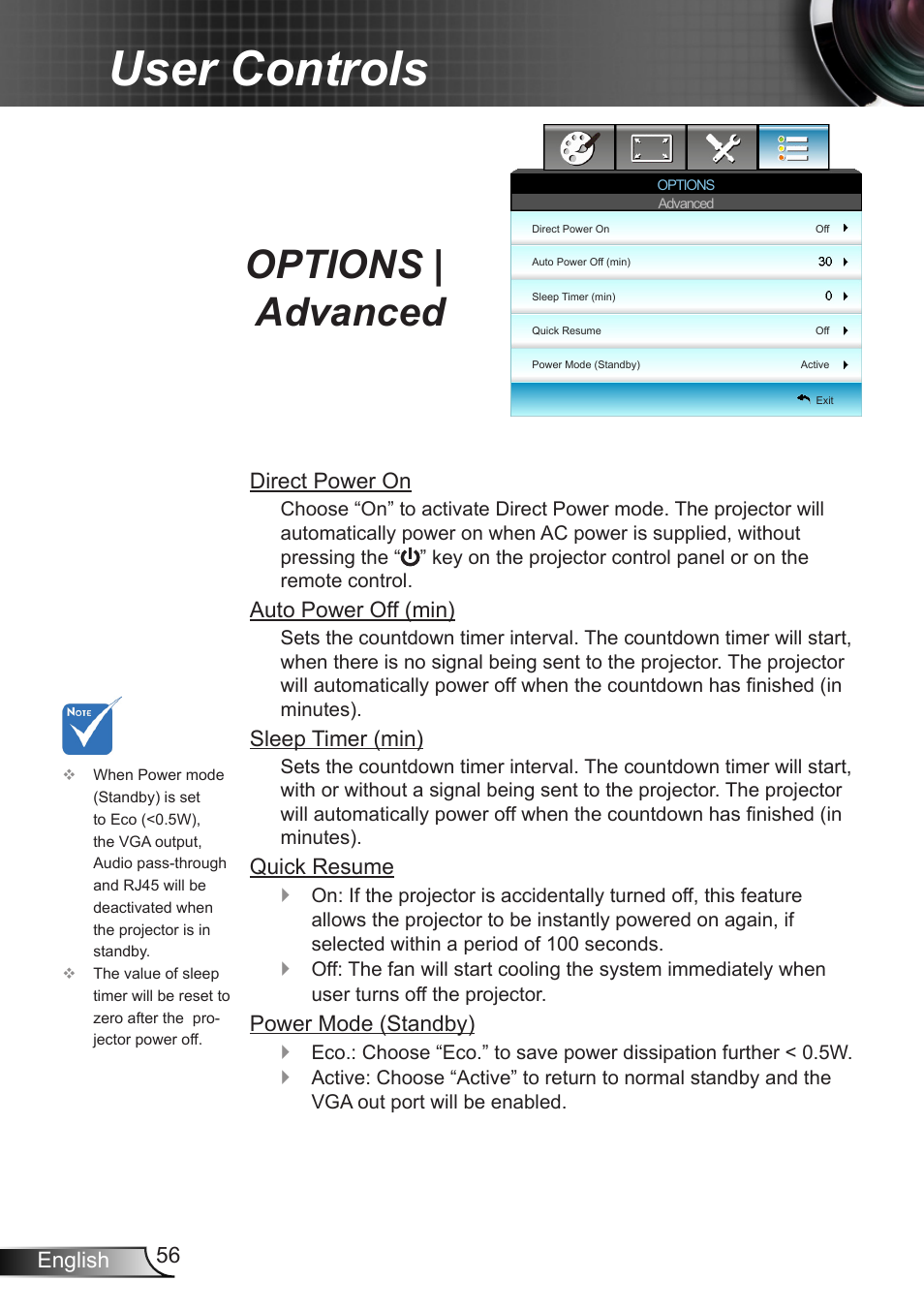 Options | advanced, User controls | Optoma W401 User Manual | Page 56 / 79