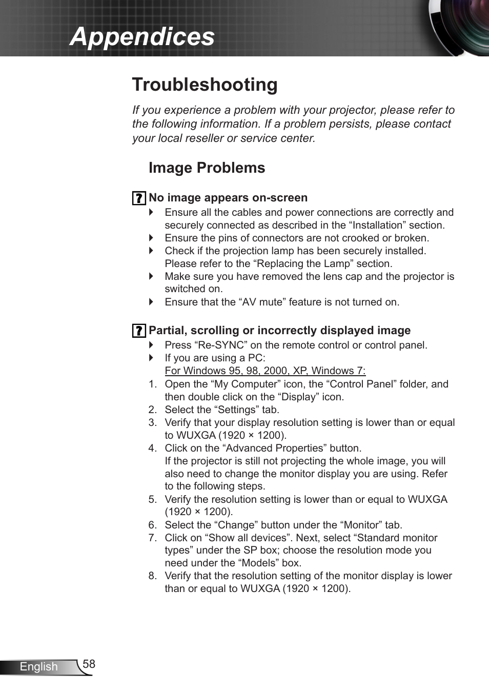 Appendices, Troubleshooting, Image problems | Optoma W401 User Manual | Page 58 / 79