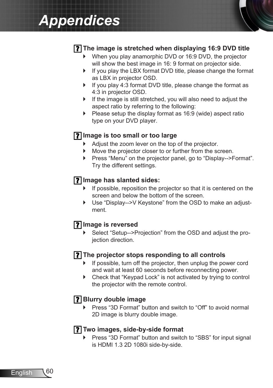 Appendices | Optoma W401 User Manual | Page 60 / 79