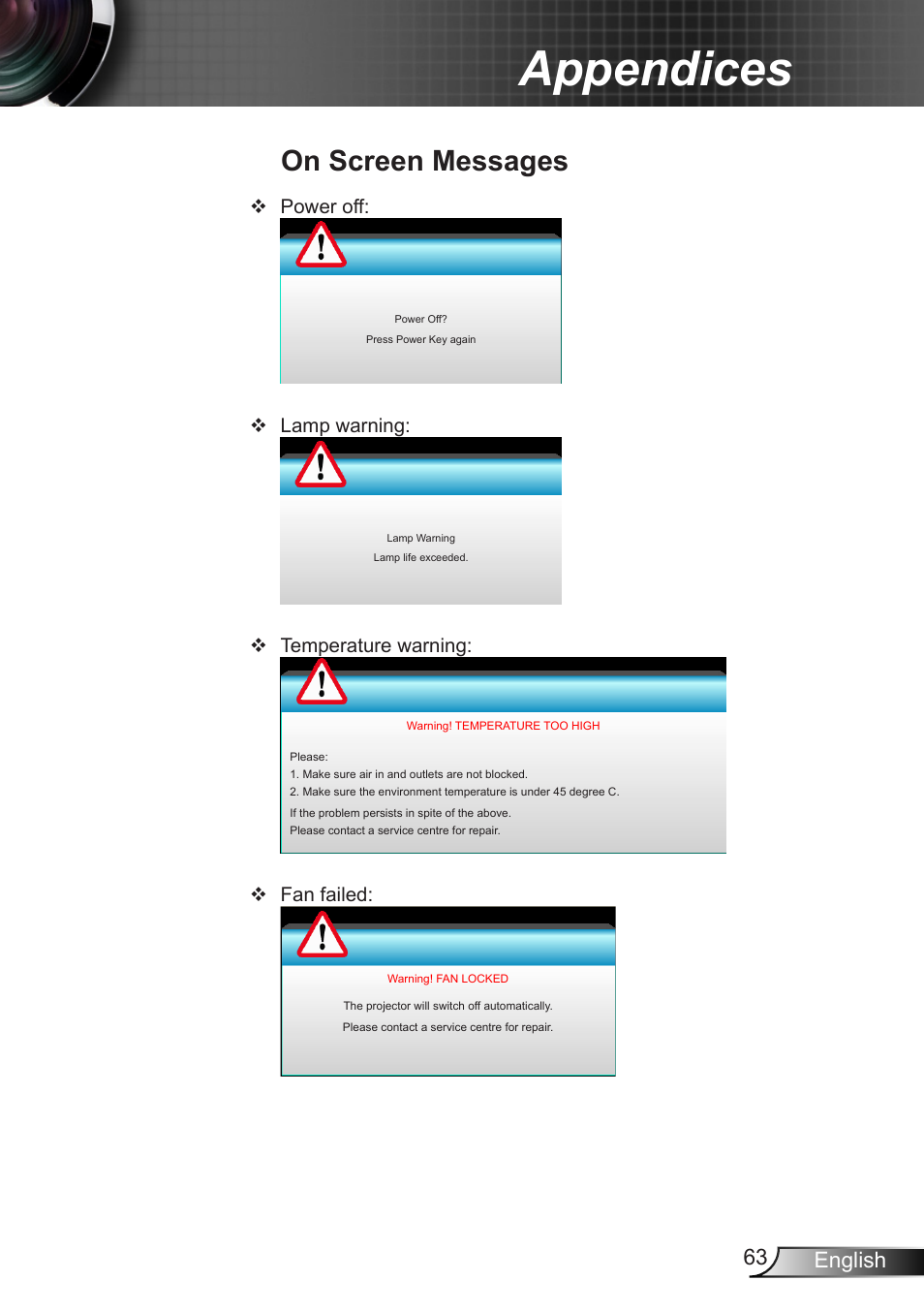 On screen messages, Appendices, 63 english | Optoma W401 User Manual | Page 63 / 79