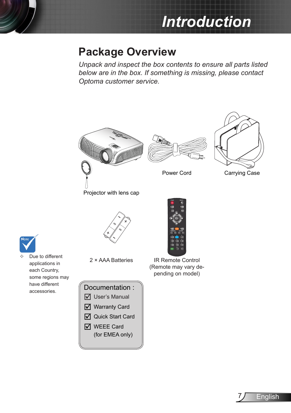 Introduction, Package overview | Optoma W401 User Manual | Page 7 / 79