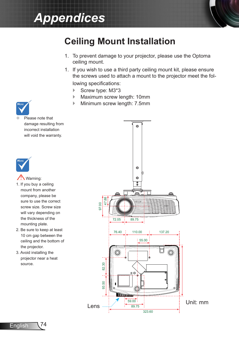 Ceiling mount installation, Appendices, 74 english | Lens, Unit: mm | Optoma W401 User Manual | Page 74 / 79