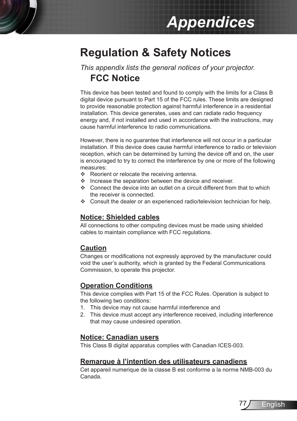 Regulation & safety notices, Fcc notice, Appendices | Optoma W401 User Manual | Page 77 / 79