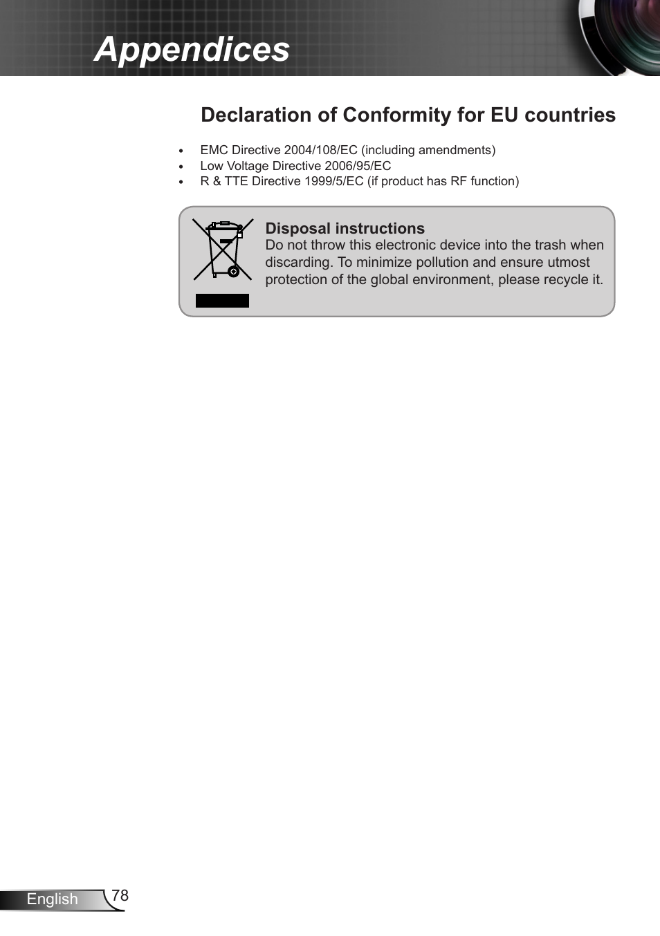 Declaration of conformity for eu countries, Declaration of conformity for eu, Countries | Appendices | Optoma W401 User Manual | Page 78 / 79