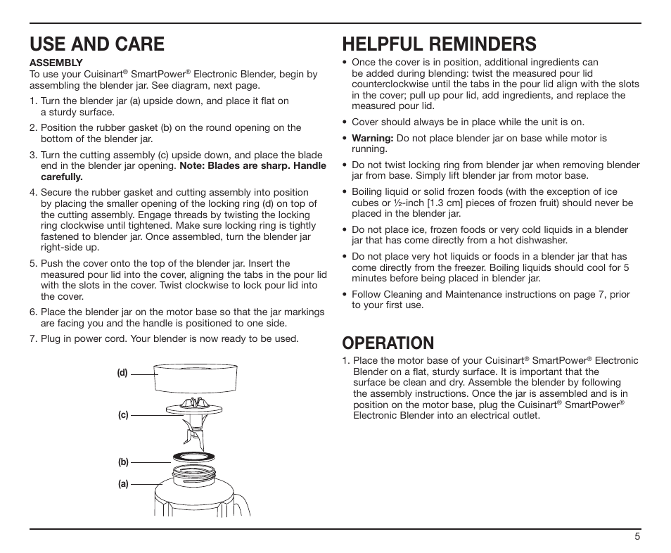 Use and care, Helpful reminders, Operation | Cuisinart SPB-7CH User Manual | Page 5 / 25