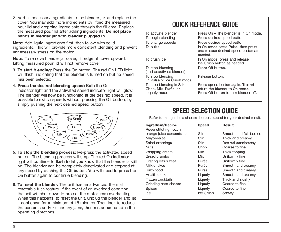 Quick reference guide, Speed selection guide | Cuisinart SPB-7CH User Manual | Page 6 / 25