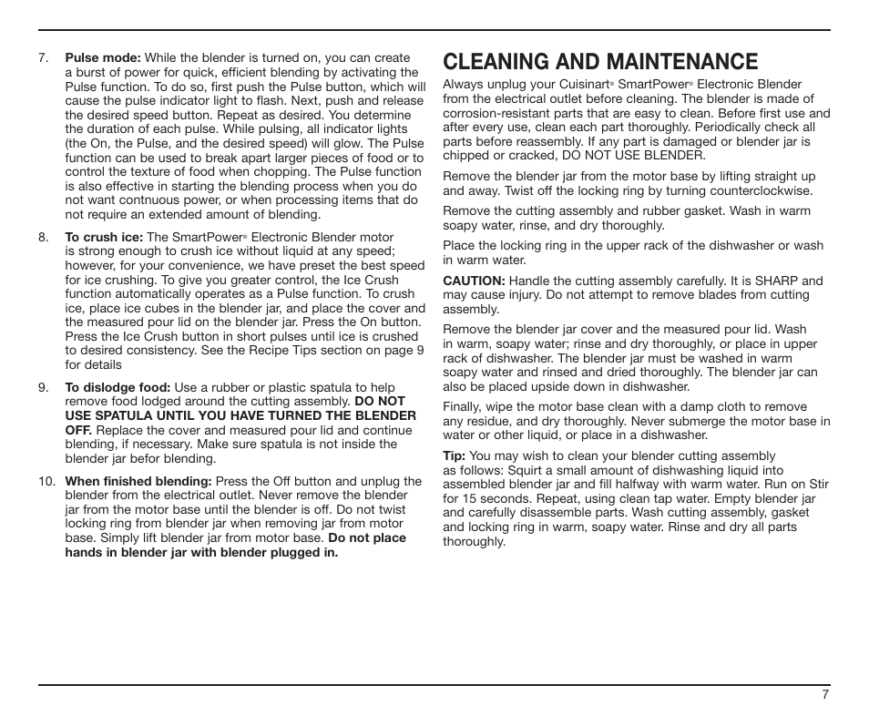 Cleaning and maintenance | Cuisinart SPB-7CH User Manual | Page 7 / 25