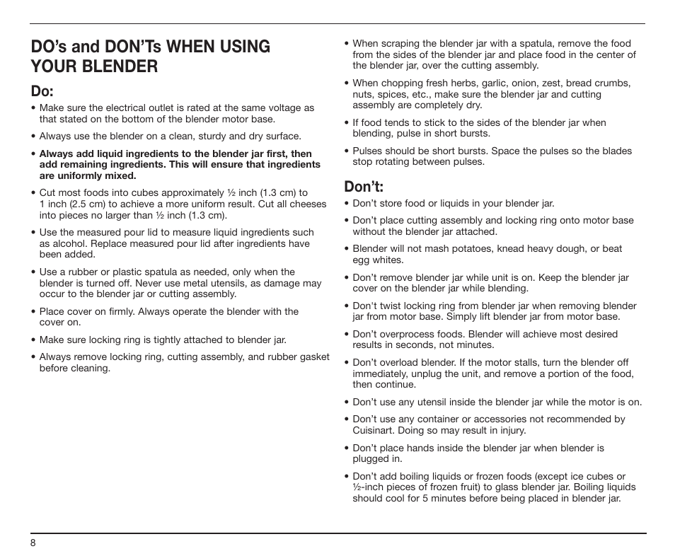 Do’s and don’ts when using your blender, Don’t | Cuisinart SPB-7CH User Manual | Page 8 / 25