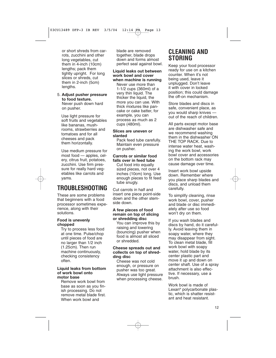 Troubleshooting, Cleaning and storing | Cuisinart HANDY PREP DFP-3 User Manual | Page 13 / 32