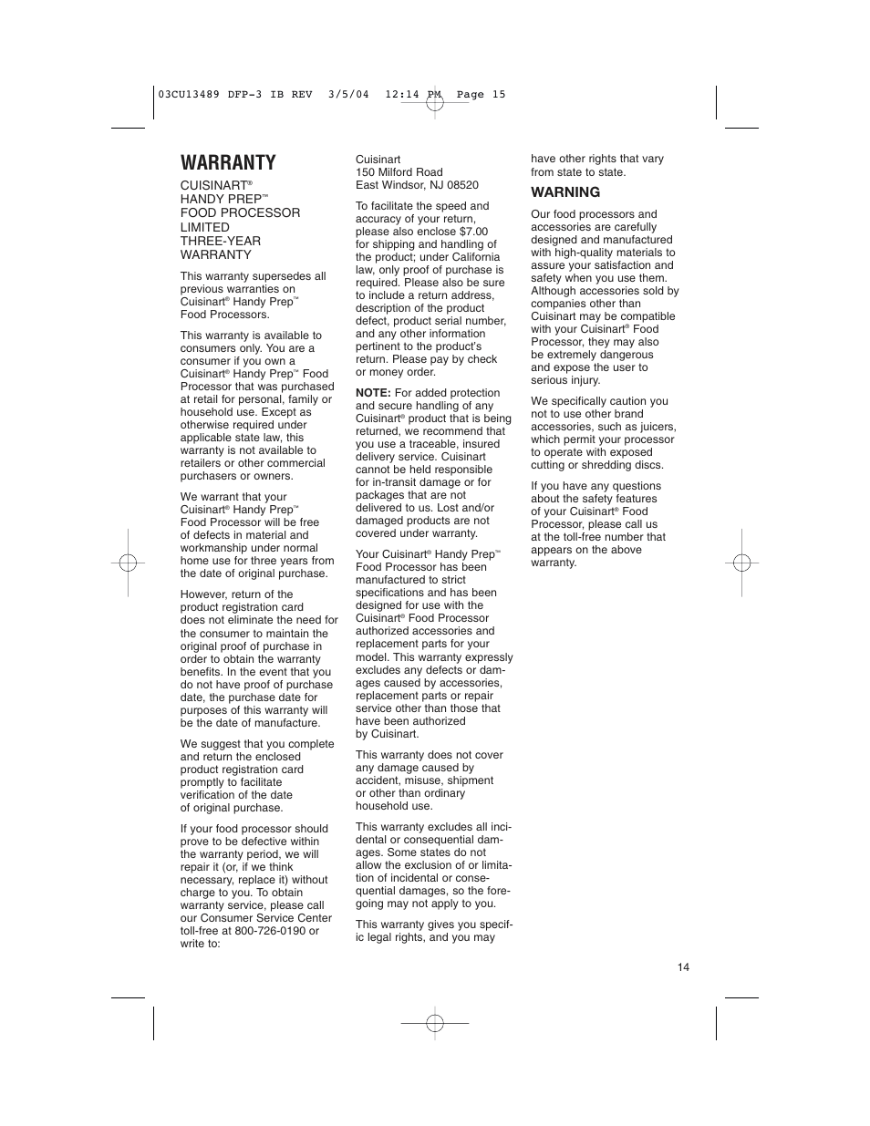 Warranty, Warning | Cuisinart HANDY PREP DFP-3 User Manual | Page 15 / 32