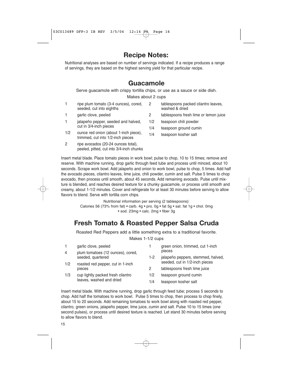 Guacamole, Fresh tomato & roasted pepper salsa cruda | Cuisinart HANDY PREP DFP-3 User Manual | Page 16 / 32