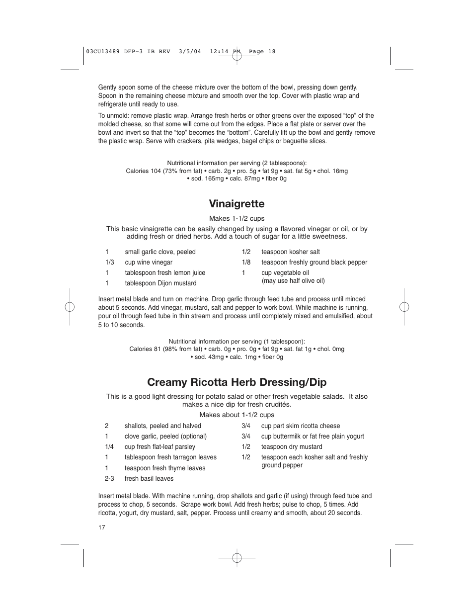 Vinaigrette, Creamy ricotta herb dressing/dip | Cuisinart HANDY PREP DFP-3 User Manual | Page 18 / 32