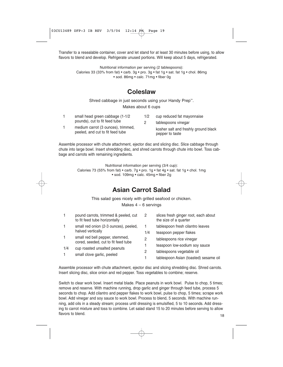 Coleslaw, Asian carrot salad | Cuisinart HANDY PREP DFP-3 User Manual | Page 19 / 32