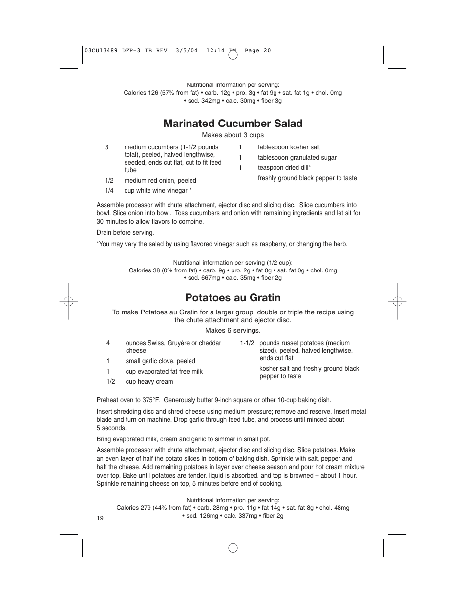 Marinated cucumber salad, Potatoes au gratin | Cuisinart HANDY PREP DFP-3 User Manual | Page 20 / 32