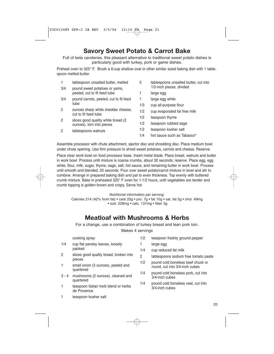 Savory sweet potato & carrot bake, Meatloaf with mushrooms & herbs | Cuisinart HANDY PREP DFP-3 User Manual | Page 21 / 32