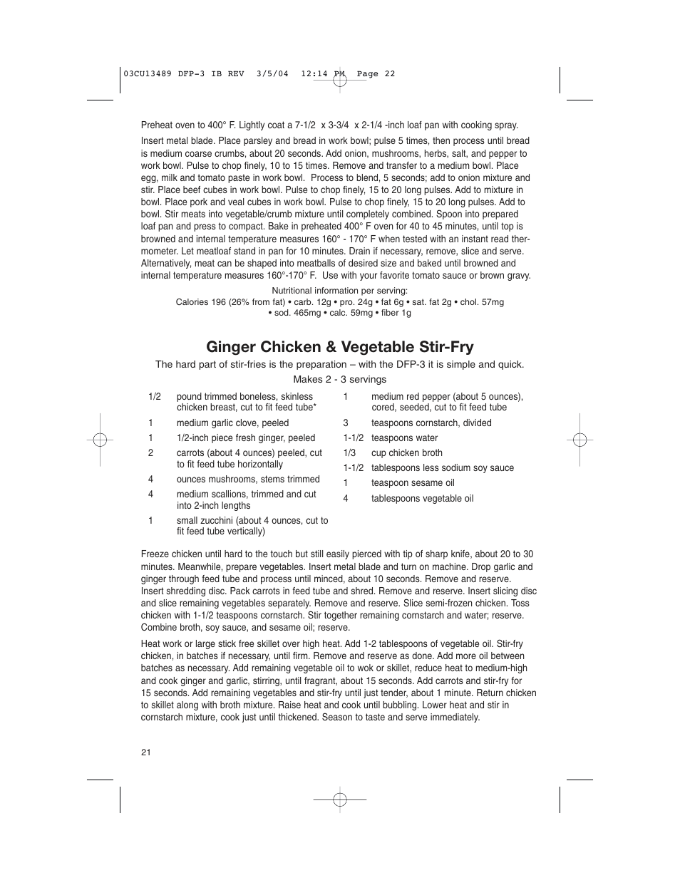 Ginger chicken & vegetable stir-fry | Cuisinart HANDY PREP DFP-3 User Manual | Page 22 / 32