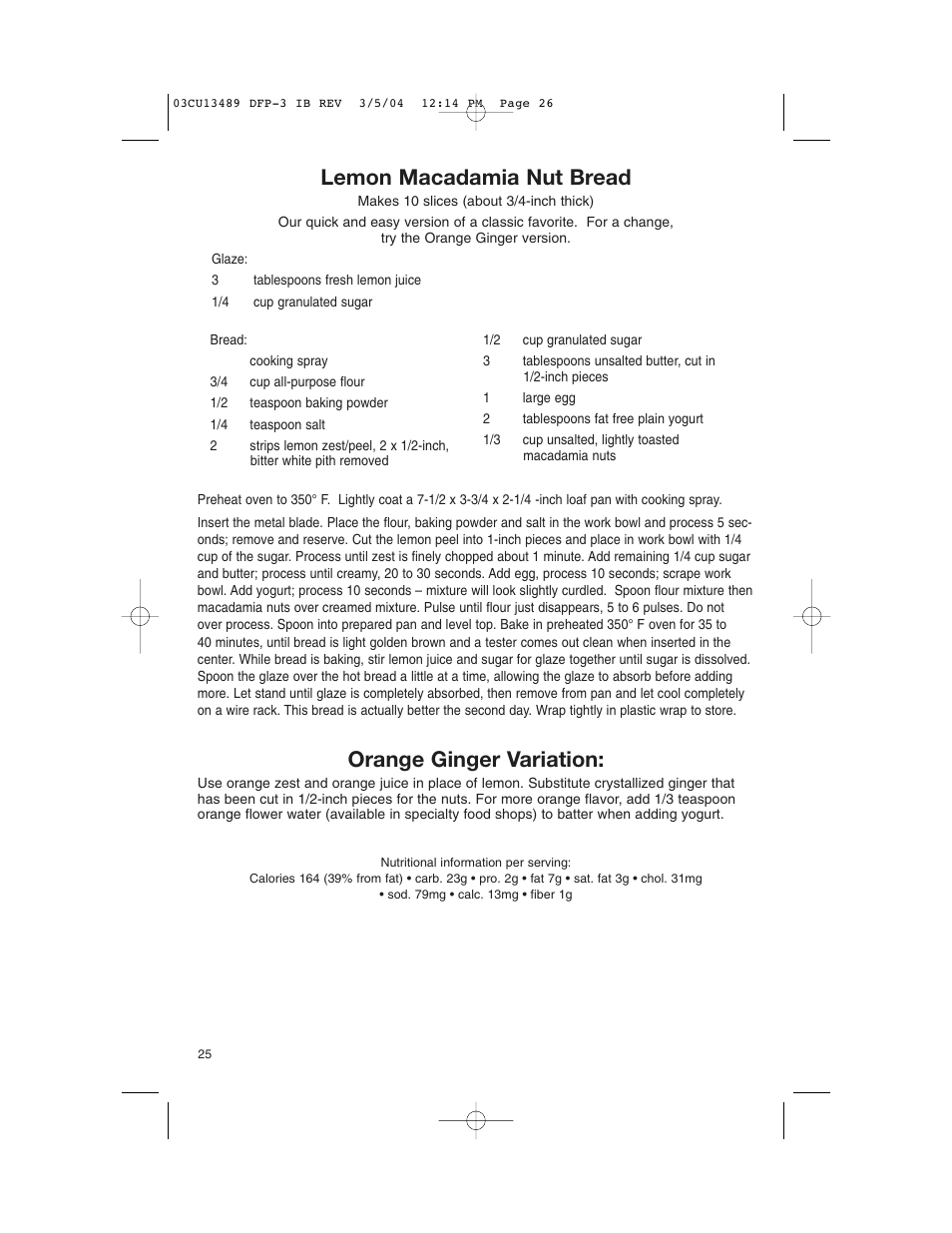 Lemon macadamia nut bread, Orange ginger variation | Cuisinart HANDY PREP DFP-3 User Manual | Page 26 / 32