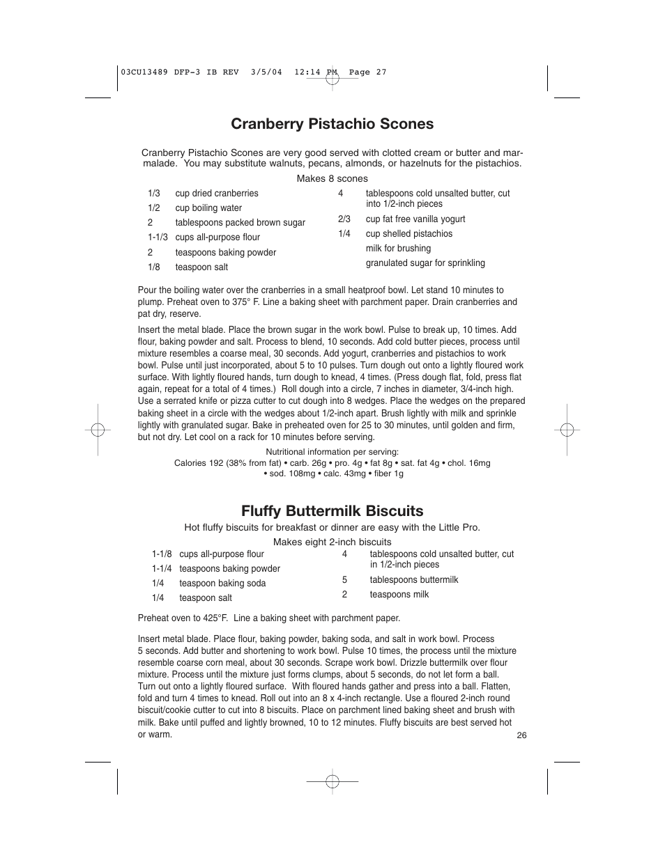 Cranberry pistachio scones, Fluffy buttermilk biscuits | Cuisinart HANDY PREP DFP-3 User Manual | Page 27 / 32