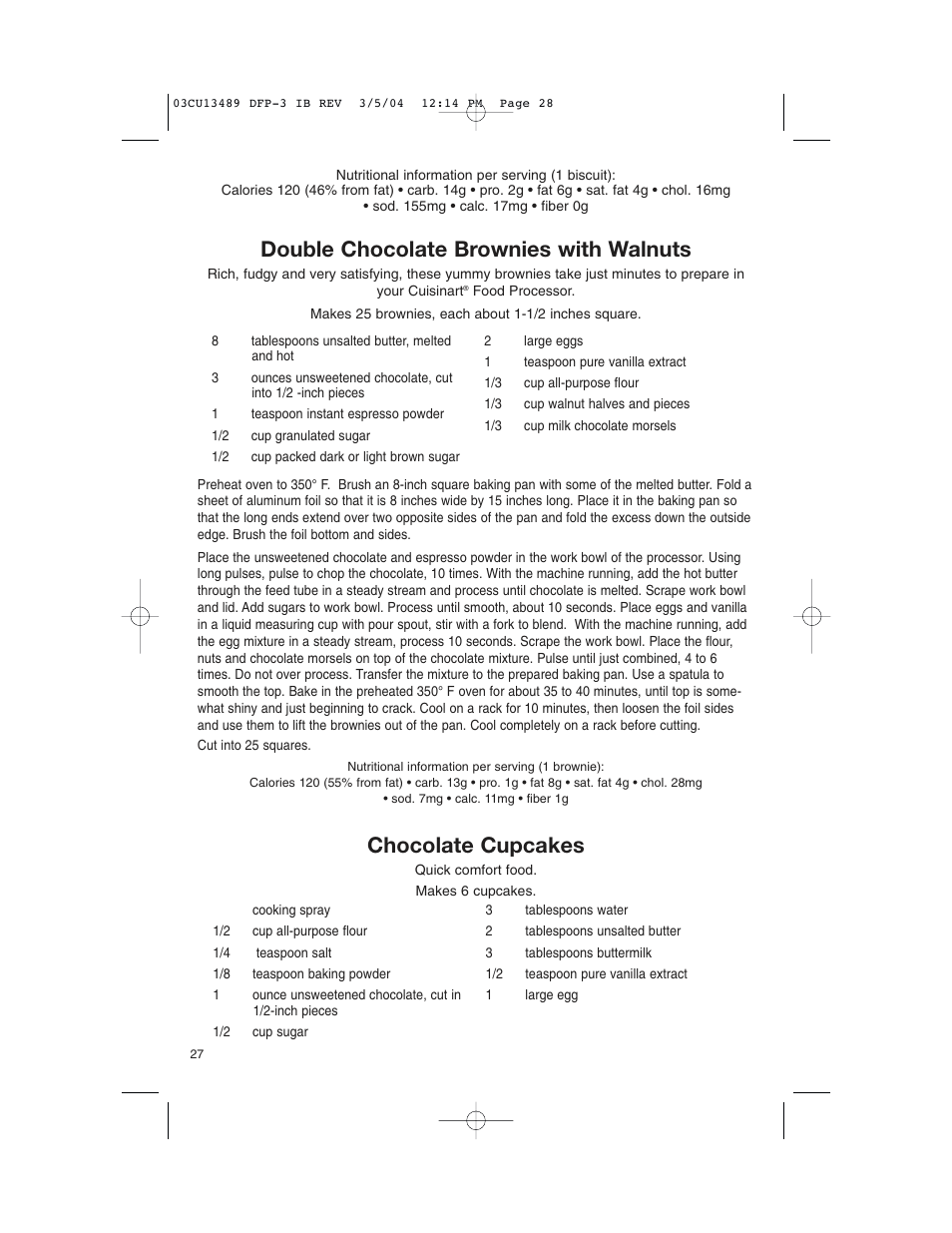 Double chocolate brownies with walnuts, Chocolate cupcakes | Cuisinart HANDY PREP DFP-3 User Manual | Page 28 / 32